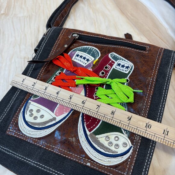 Canvas Crossbody Messenger Bag Sneaker Appliqué Black Brown Y2K 2000s Purse - Picture 13 of 14